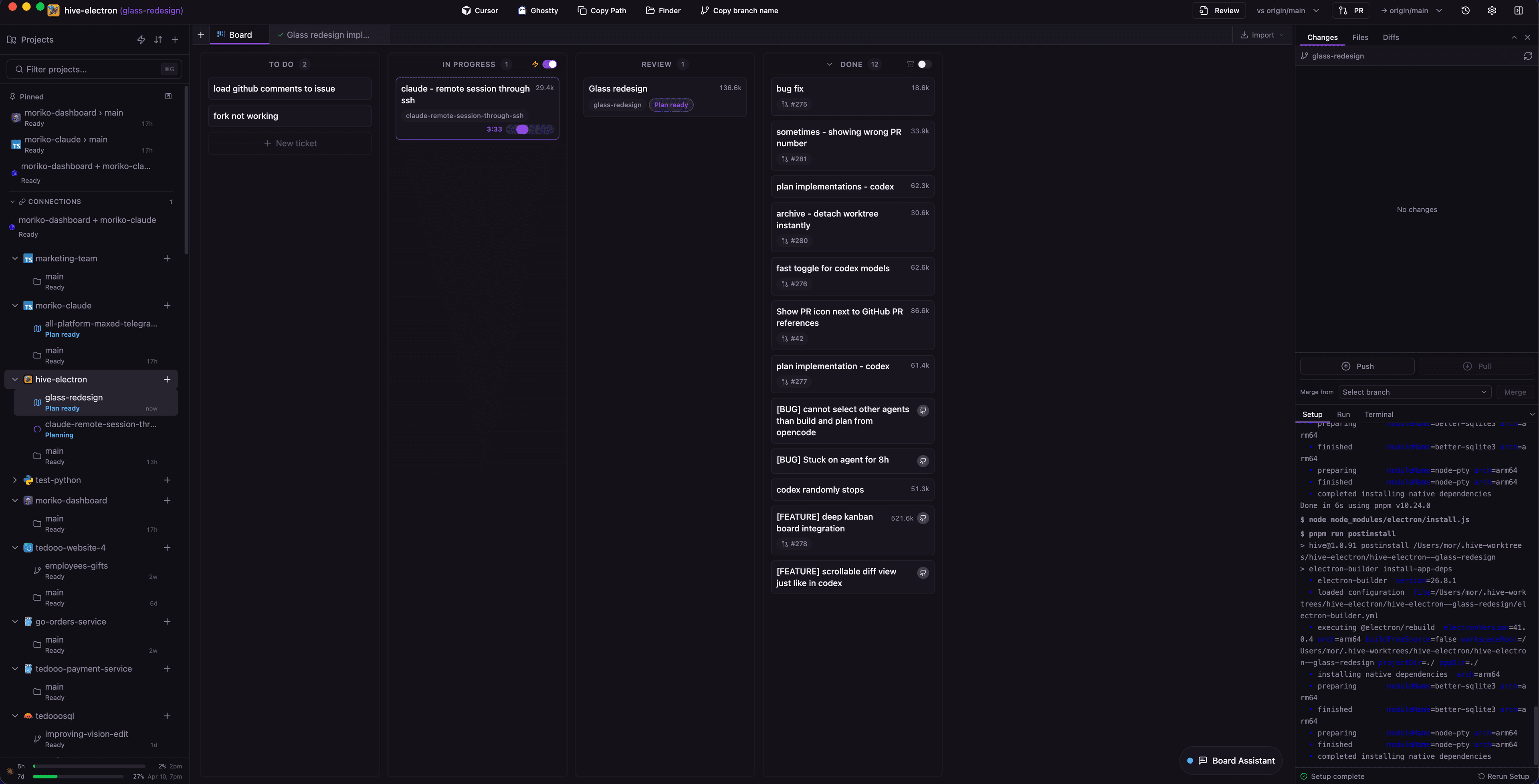 Kanban board with task columns and AI agent assignments