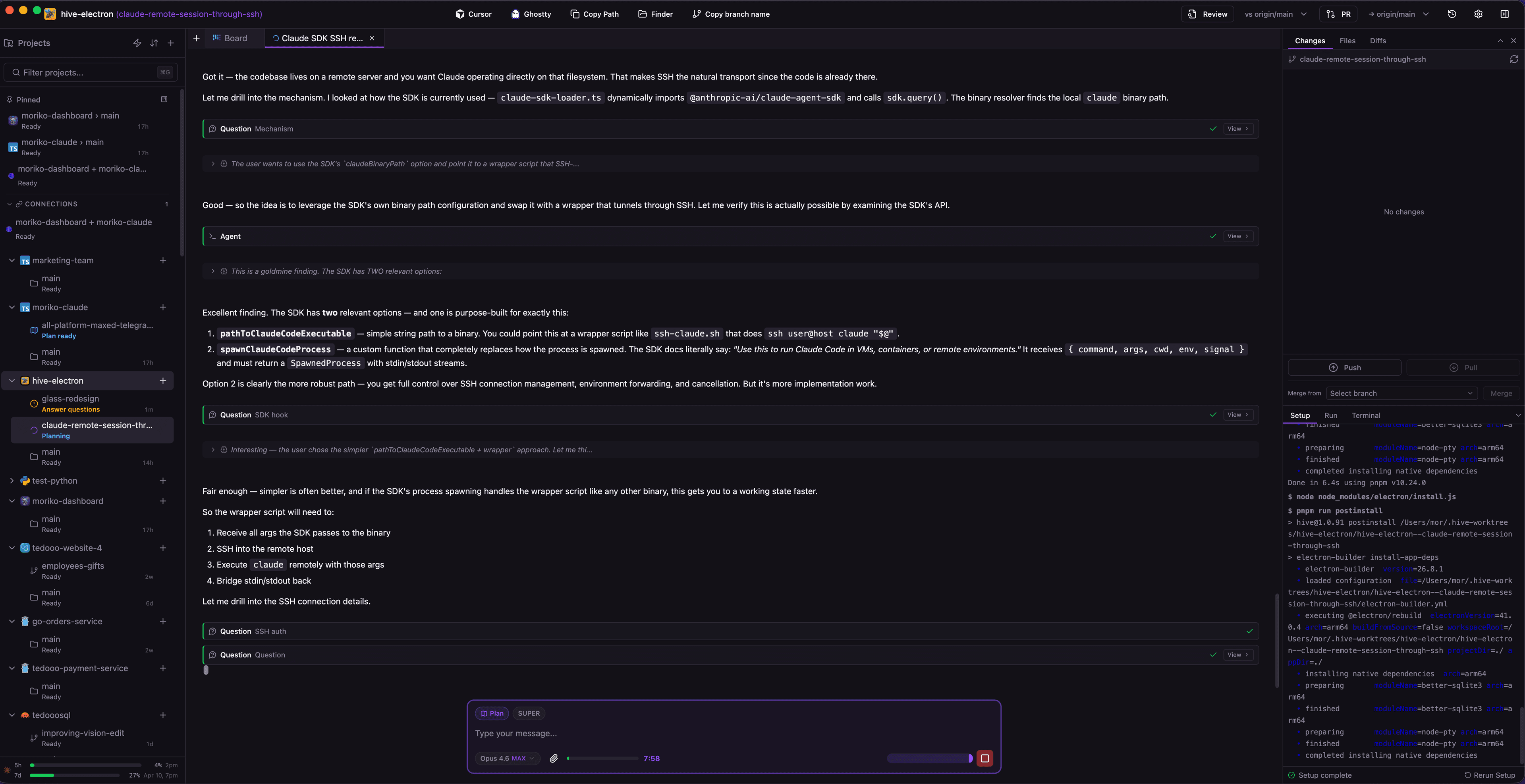 AI agent session with code blocks and conversation thread